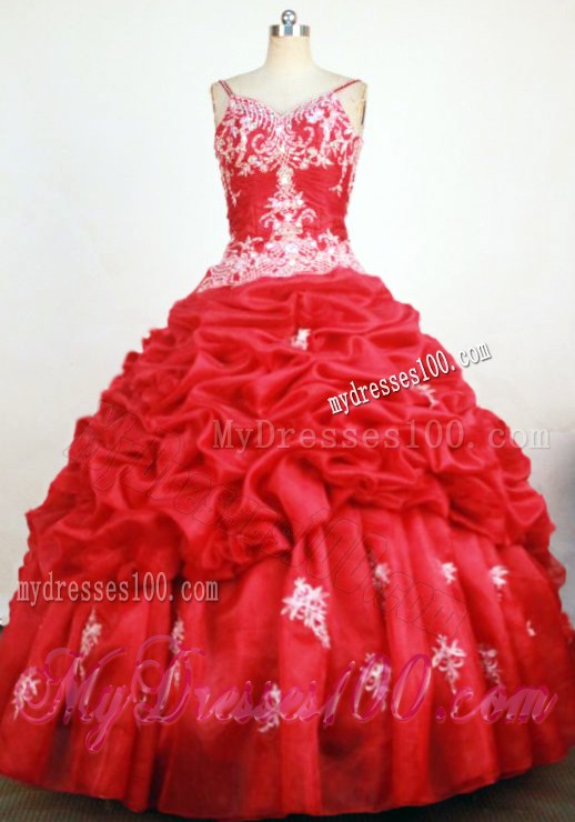 Pretty Red Pick-ups Spaghetti Straps Quinceanera Gowns with Appliques